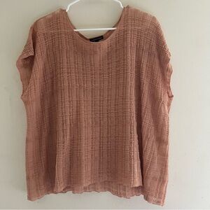 Eileen Fisher Hemp Plaid Short Sleeve Boxy Top Tee Knit Blouse in peach size M